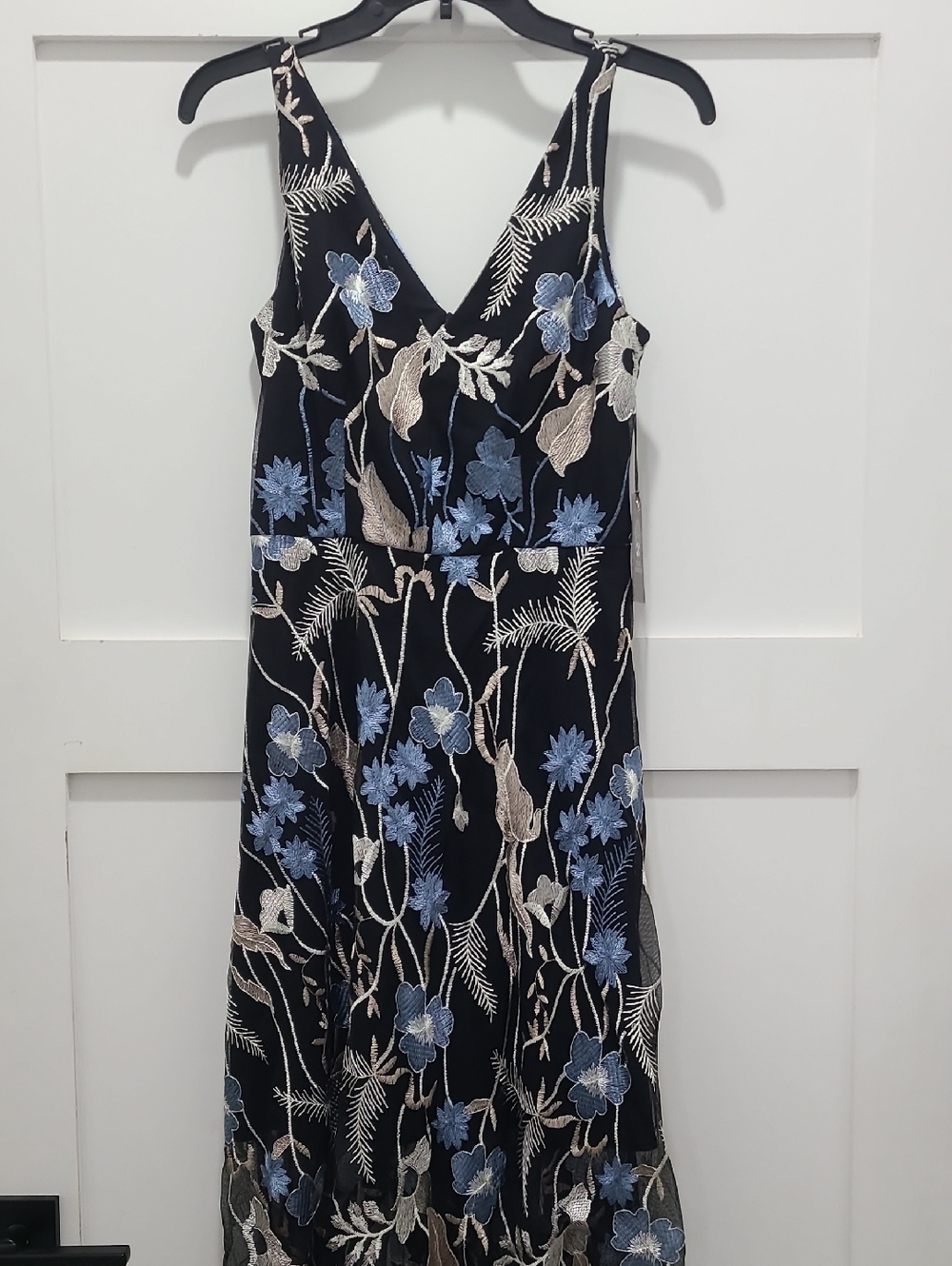 Vince Camuto Black Dress with Blue and Beige Floral Embroidery NWT